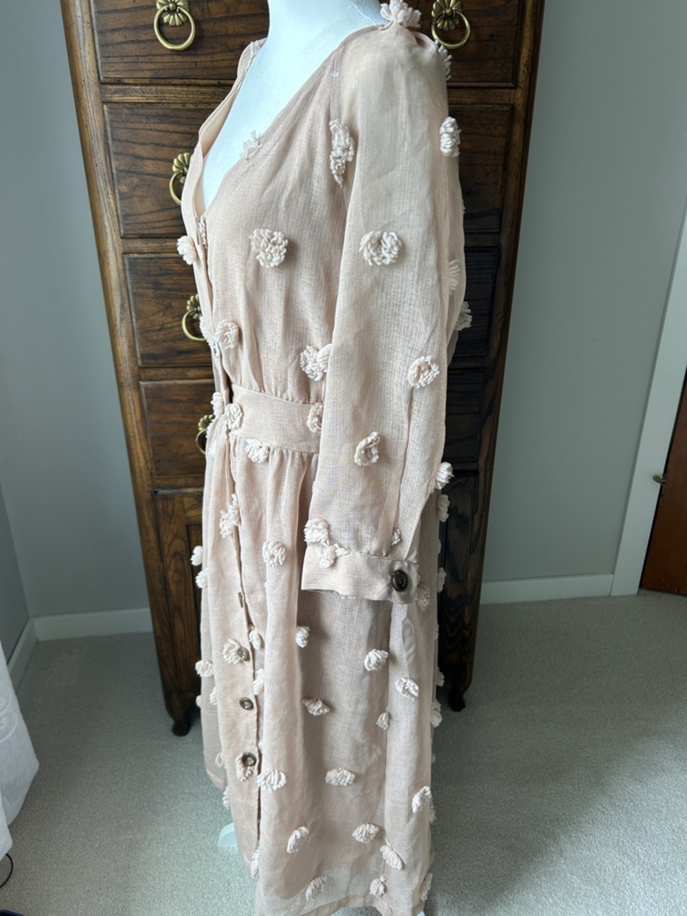 Listicle Boho Blush 3/4 Sleeve Button-Front Dress with Pom-Pom Details, Size L - Picture 2 of 12